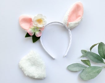 SHEEP Ears Headband and/or Tail, White with Pink Inner Ear, Optional Flower, Toddler Child Kid Adult Size, stylish spring Easter gift