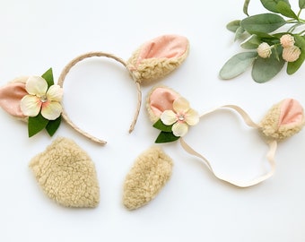 SHEEP LAMB Ears HEADBAND and/or Tail, Tan with Peach and White Dot Print, Optional Flower, Baby Toddler Child Kid Adult Size, Easter gift
