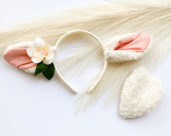 SHEEP Ears Headband and/or Tail, Ivory and Peach Dots Print, Optional Flower, Toddler Child Kid Adult Size, stylish spring Easter gift