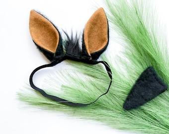 BLACK LLAMA ALPACA Ears Costume Headband and/or Tail, Black and Brown Fuzzy, Baby Toddler Child Adult Size, Original Exclusive Design