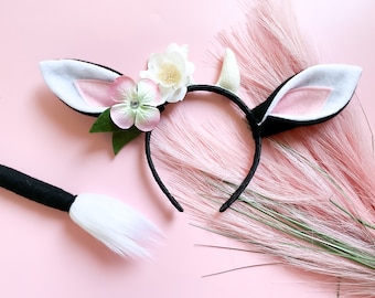 Orejas y/o cola de diadema de disfraz de VACA en blanco y negro, flor rosa y marfil, tamaño adulto para niños pequeños, crear y ser diseño alegre