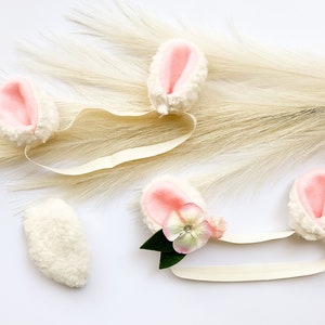 SHEEP BABY LAMB Ears Headband and/or Tail, Ivory and Pink, Optional Flower, Baby Size, stylish spring Easter gift