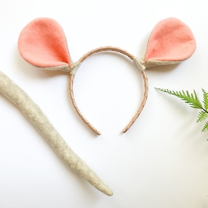 TAN MOUSE EARS Headband, Child Kid Adult Size, Tan Beige and Coral Pink, Costume Dress Up, Mice Ears, Playful Quality Kids Costume