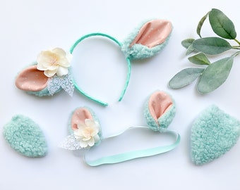 SHEEP LAMB Ears HEADBAND and/or Tail, Aqua with Peach and White Dot Print, Optional Flower, Baby Toddler Child Kid Adult Size, Easter gift