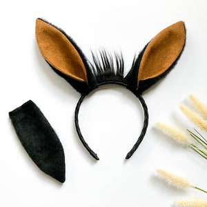 BLACK LLAMA ALPACA Ears Costume Headband and/or Tail, Black and Brown Fuzzy, Baby Toddler Child Adult Size, Original Exclusive Design