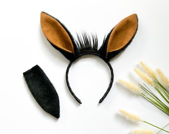 BLACK LLAMA ALPACA Ears Costume Headband and/or Tail, Black and Brown Fuzzy, Baby Toddler Child Adult Size, Original Exclusive Design