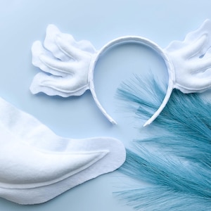 WHITE AXOLOTL Costume Gills Headband and/or Tail, Ghost Axolotl, Toddler Child Adult Size, Animal Party Ears Headband, Under the Sea Party