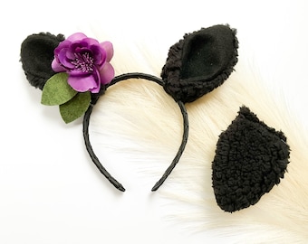 BLACK SHEEP Ears Costume Headband and/or Tail and Flowers, Toddler Child Kid Adult Size, Animal Party Ears Headband Tail Farm Barn Party