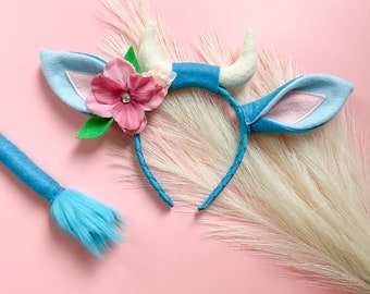 Disfraz de buey azul turquesa diadema orejas y/o cola/flor rosa/niño pequeño tamaño adulto/corona de perro mascota/bebé el buey azul