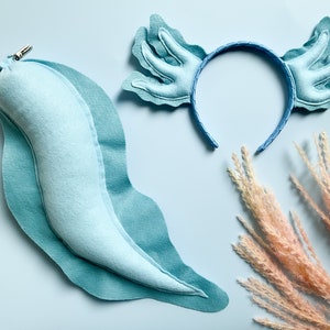 Cute BLUE AXOLOTL Costume Gills Headband and/or Tail, Light Blue, Toddler Child Adult Size, Under the Sea Party