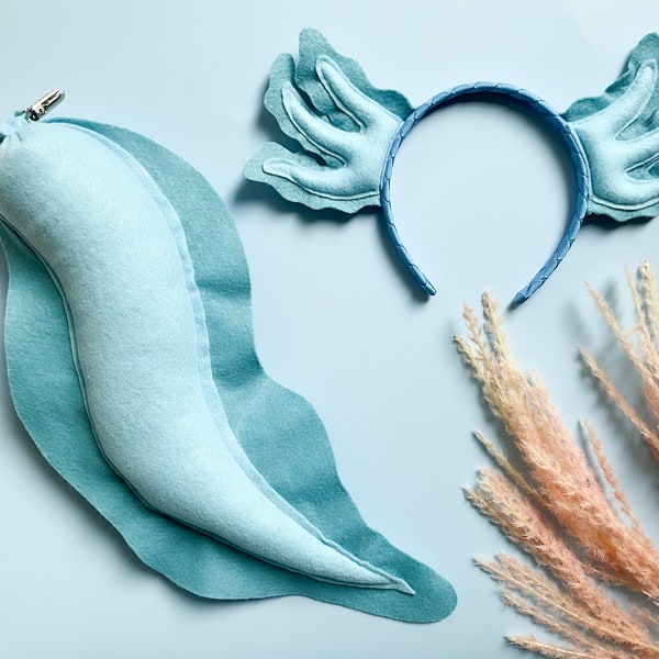 Cute BLUE AXOLOTL Costume Gills Headband and/or Tail, Light Blue, Toddler Child Adult Size, Under the Sea Party