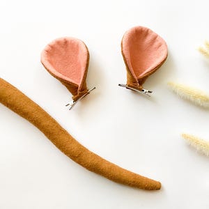 May include: A brown felt tail and two matching ear clips with pink inner ears, perfect for a costume. The accessories are set against a white background with decorative dried flowers.