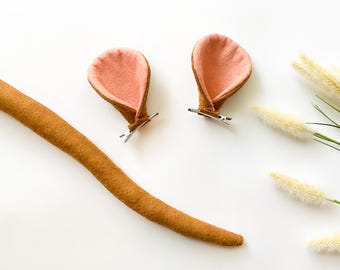 MOUSE EARS Headband or Clips and/or TAIL, Copper and Coral, Costume, Dress Up