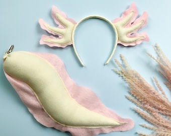 Cute Light Pink AXOLOTL Costume Gills Headband and/or Tail, Ivory and Pink, Toddler Child Adult Size, Create and Be Joyful Exclusive