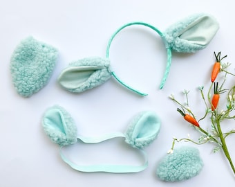 SHEEP LAMB Ears HEADBAND and/or Tail, Aqua with Aqua Sparkle Green Blue, Baby Toddler Child Kid Adult Size, stylish spring Easter gift