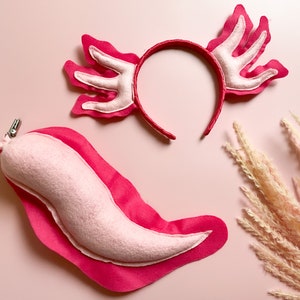 Cute Pink AXOLOTL Costume Gills Headband and/or Tail, Bright Pink, Toddler Child Adult Size, Animal Party Ears Headband, Under the Sea Party