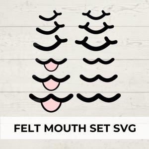May include: A set of felt mouth shapes in black and pink. The set includes different sizes and styles of mouths, including open mouths with tongues sticking out.