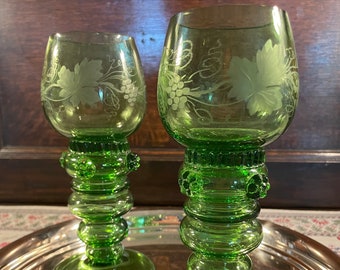 Antique Theresienthal Baluster Stem Etched Green w/Attached Prunts, Wine Hock Set/4, Excellent Condition, Rhine Wine, Octoberfest Wine Hock
