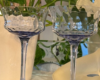 Tiffin "Twilight Blue" Diamond Optic Crystal Rare Pair Champagne/Craft Cocktail Glasses, Stem 14188, Pristine, Cottage Chic, Great Toasting