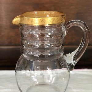 Dunbar 3-Ring Large Clear Pitcher, with Rambler Rose Gold Encrusted Rim, Attached Handle, Narrow Band to Base, Pristine Condition, Very Rare
