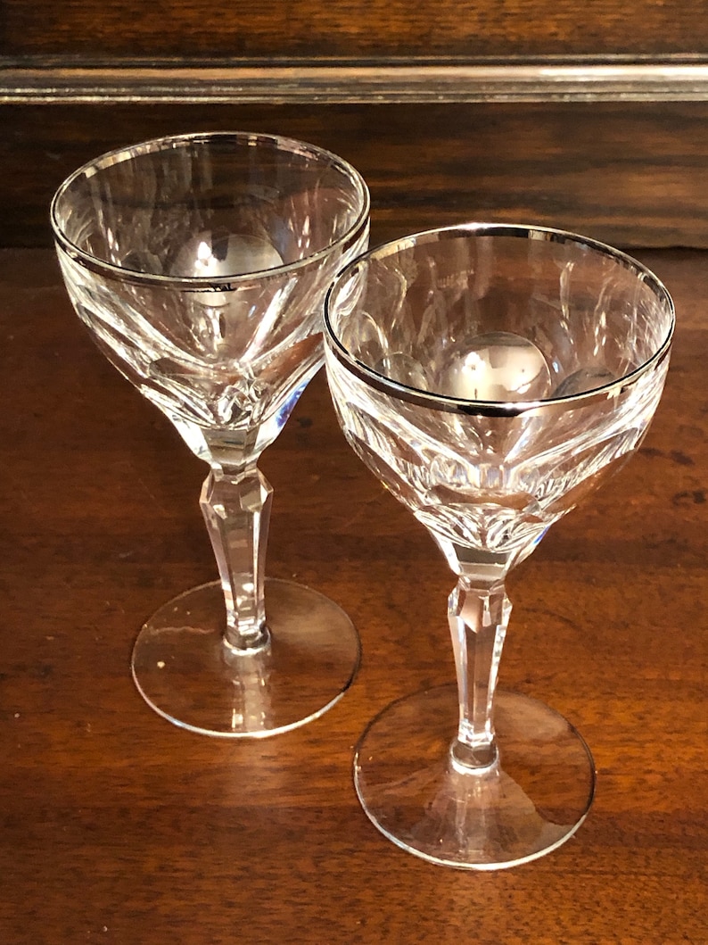 Excellent Condition Val St Lambert Amalfi Pair WineCraft Cocktail Goblets with Platinum Rim and Base Perfect AnniversaryWedding Gift