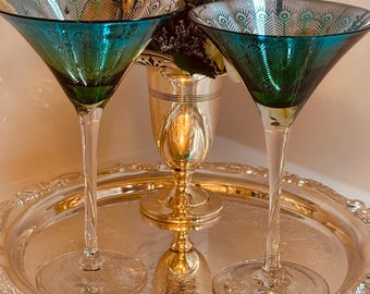 Iridescent Blue-Green Pair Crystal Martini Glasses, Mirror Finish Bowl