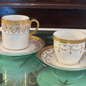 Pair English Demitasse Cup & Saucer Sets, Porcelain, 24 kt Encrusted Gold, Coalport/Royal Chelsea, Perfect Birthday/Friendship/Hostess Gift