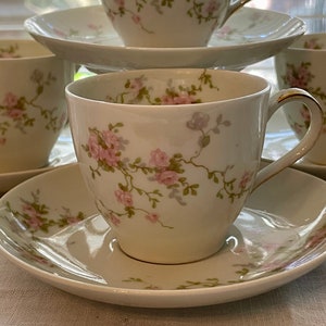 Antique Theo Havilland Limoges Set/5 Demitasse Cup & Saucer Sets, Pink Roses w/ Green Leaves, Excellent Condition, Perfect Housewarming Gift