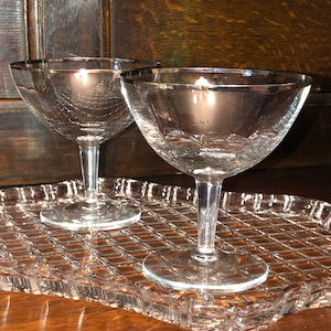 Saladmaster "Silver Bell" Pair Blown Crystal Champagne Coupes, Platinum Rims, Pristine, Perfect Celebratory Anniversary/Wedding Toasting Set
