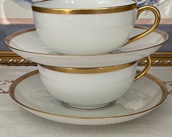 Antique Charles Ahrenfeldt Limoges Depose #AHR303 Pair Cups/Saucers, White w/22 kt Gold Trim, Excellent Condition, Perfect Teatime Gift