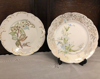 Antique Havilland Limoges H&Co and Charles Haviland Pair Luncheon Plates w/Signed Hand Painted Plants, Gold Trim, c. 1889-91, Perfect Gift