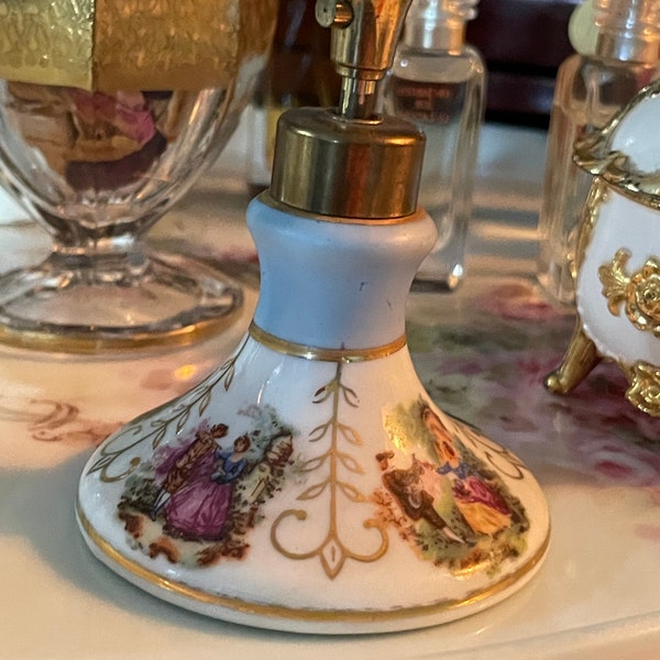 Irice Perfume Atomizer, Porcelain w/Goudeville-Style Painted Courting Couples, 22 kt Gold Trim, Excellent Working Condition, Lovely Gift