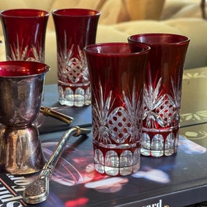 Bohemian Brilliant Cut-to-Clear Pair Ruby Red Cordial Glasses, Pristine Condition