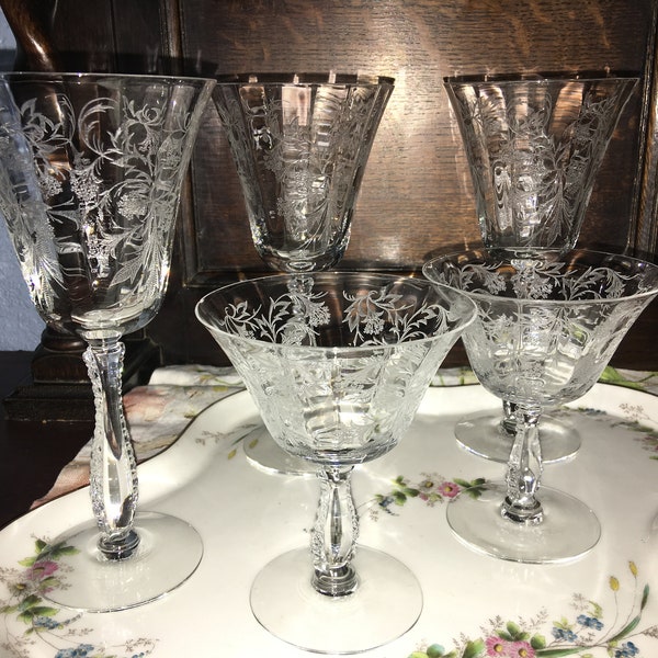 Fostoria "Heather" Set/2 Wine Goblets, 2 Low Champagne Goblets, Stem #6037, Etch #343, Excellent Condition, c. 1949, George Sakier Design