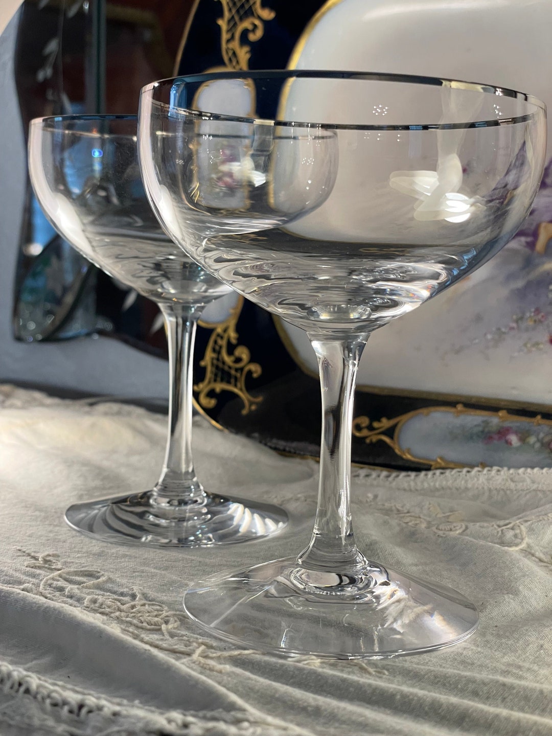 Fostoria invitation Platinum Rim Pair Champagne/craft Cocktail Coupes, Pristine, Perfect Gift