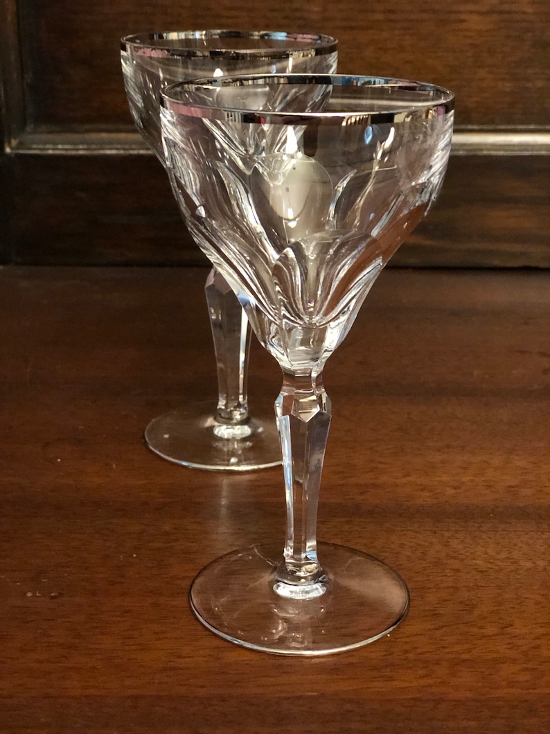 Excellent Condition Val St Lambert Amalfi Pair WineCraft Cocktail Goblets with Platinum Rim and Base Perfect AnniversaryWedding Gift