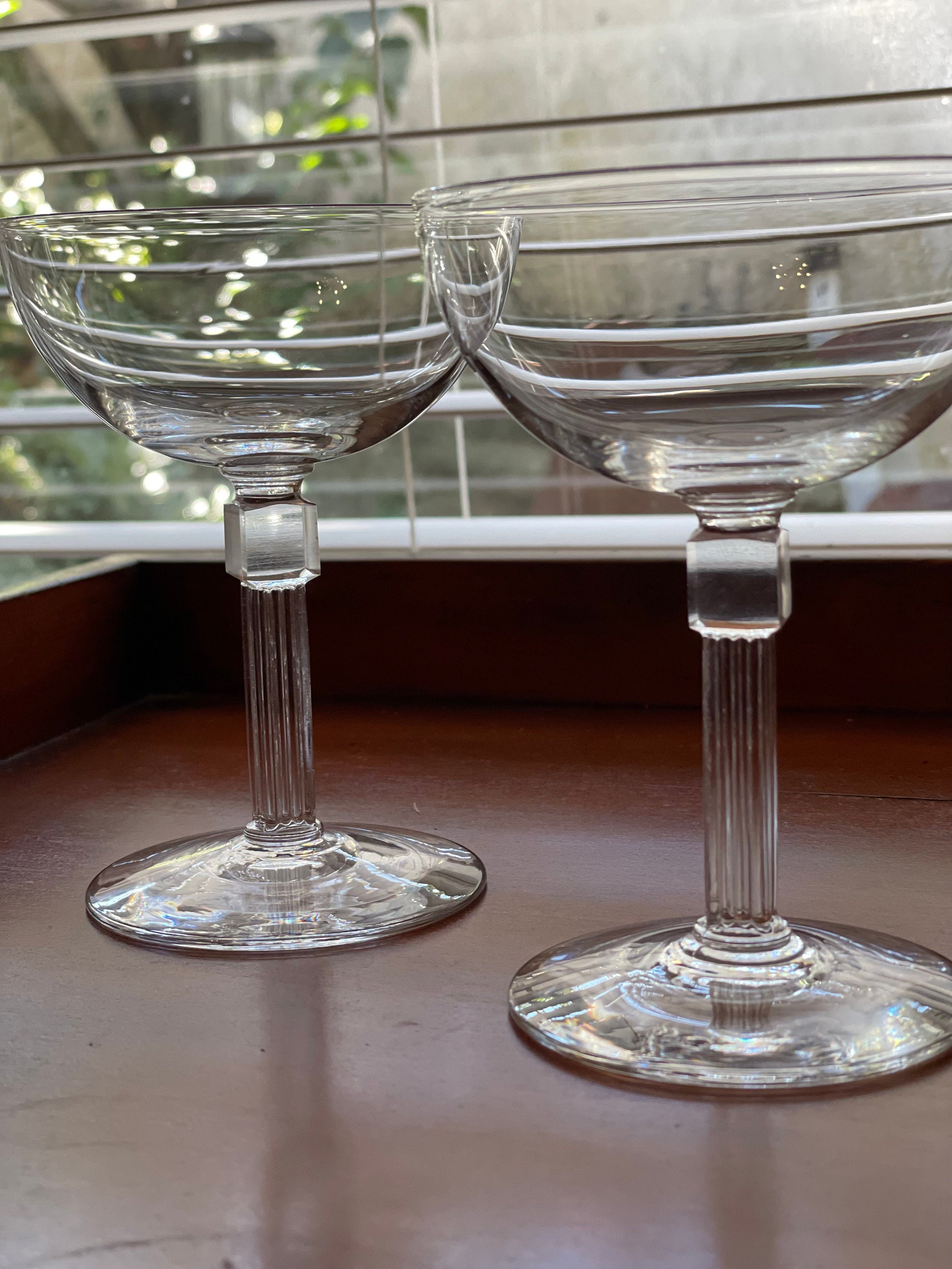 4 Vintage Large Martini Glasses with solid Bubbled Stem and Gold Detail-  10oz Hollywood Regency Great Gatsby Style Cocktail Glass Barware
