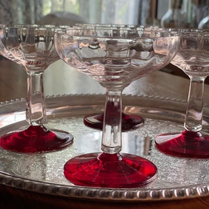 Bryce&quot;Holiday Red&quot; Set of 4 Champagne Coupe Glasses, Stem H2 w/Clear Panel Optic Bowls, Pristine Condition, c.1956, Perfect Holiday Service