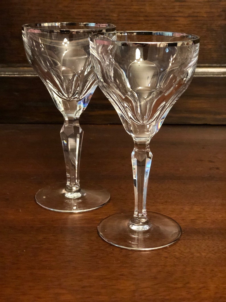 Excellent Condition Val St Lambert Amalfi Pair WineCraft Cocktail Goblets with Platinum Rim and Base Perfect AnniversaryWedding Gift
