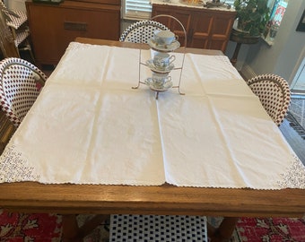 Vintage French White Cotton Table Square with Cotton Crocheted Edging, Pristine, c. 1930s, Perfect Bridal Shower/Housewarming/Christmas Gift