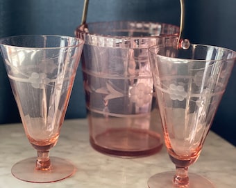 Vintage Fostoria Fairfax Pink Cocktail Set: Floral Etched Ice Bucket & Tall Glasses