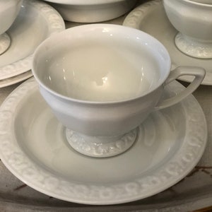 Rosenthal &quot;Maria&quot; Set/4 White Demitasse Cup/Saucer Set, Continental Shape, Embossed Rose Border, Perfect Housewarming/Birthday Gift, c .1956