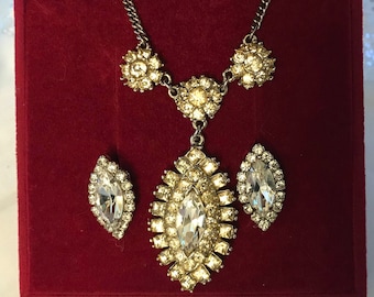 1930s Rhinestone Necklace and Clip Earring Set: Vintage Costume Jewelry