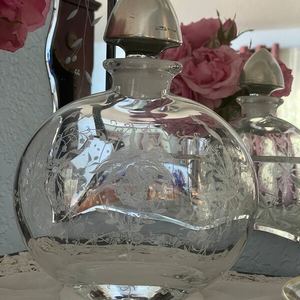 Heisey "Orchid" Etched Blown Crystal Sherry Decanter w/Hallmarked Sterling Stopper, Very Rare, Perfect Gift for 25th Anniversary/Wedding