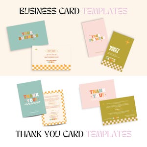 Puede incluir: Una colecci&oacute;n de plantillas de tarjetas de visita y de agradecimiento. Las tarjetas son en tonos de verde azulado, rosa y verde oliva, con fuentes retro y patrones de tablero de ajedrez. El texto incluye "YOUR BUSINESS", "MONTY JONES" y "THANK YOU!"