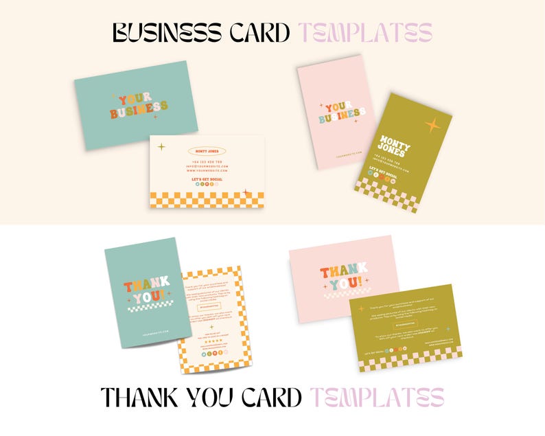 Puede incluir: Una colecci&oacute;n de plantillas de tarjetas de visita y de agradecimiento. Las tarjetas son en tonos de verde azulado, rosa y verde oliva, con fuentes retro y patrones de tablero de ajedrez. El texto incluye "YOUR BUSINESS", "MONTY JONES" y "THANK YOU!"