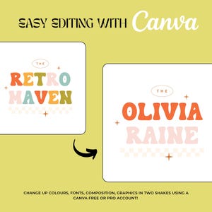 Puede incluir: Un dise&ntilde;o gr&aacute;fico con el texto "EASY EDITING WITH Canva". Dos dise&ntilde;os cuadrados muestran las palabras "RETRO MAVEN" y "OLIVIA RAINE" en fuentes audaces y coloridas. La imagen promociona las funciones de edici&oacute;n de Canva.