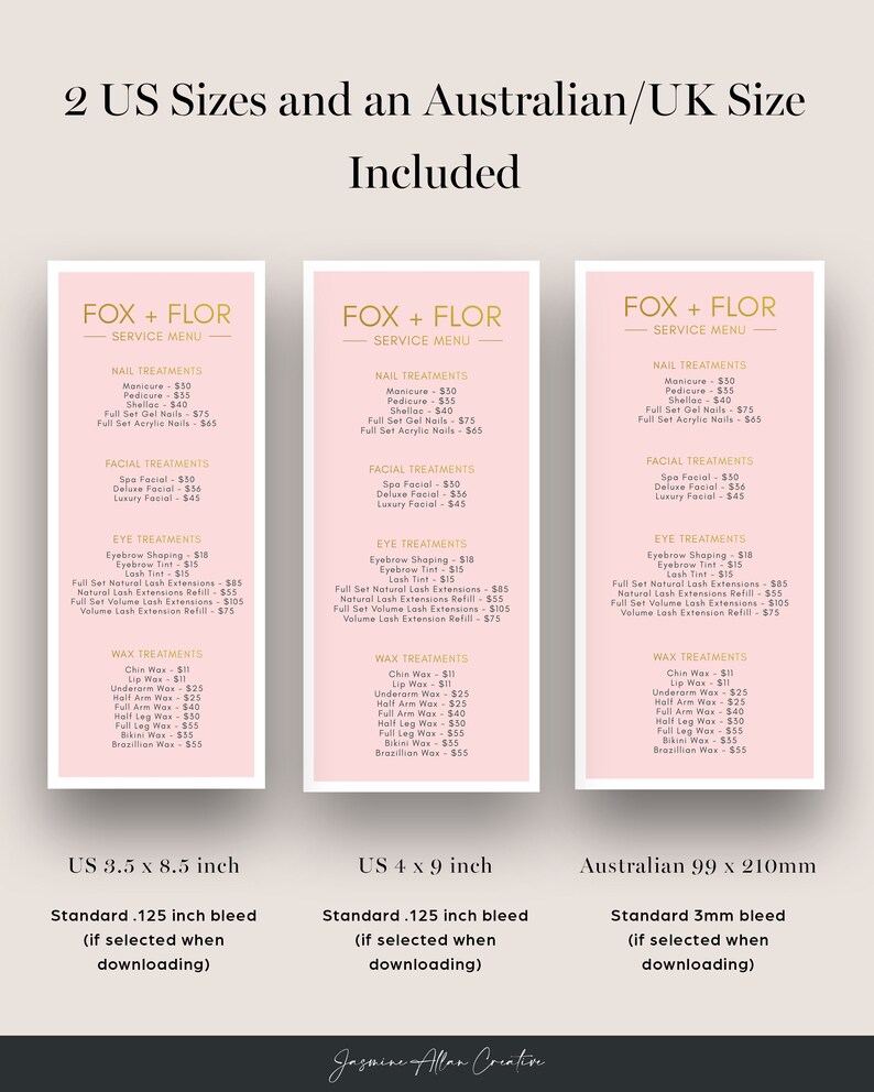 Editable Blush Pink and Gold Price List Service Menu Etsy