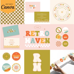Spaß, helles Retro Canva Logo Kit - Stern Logo - Instagram Highlights - Danke Aufkleber - Visitenkarte - DIY bearbeitbar - Danke Karte