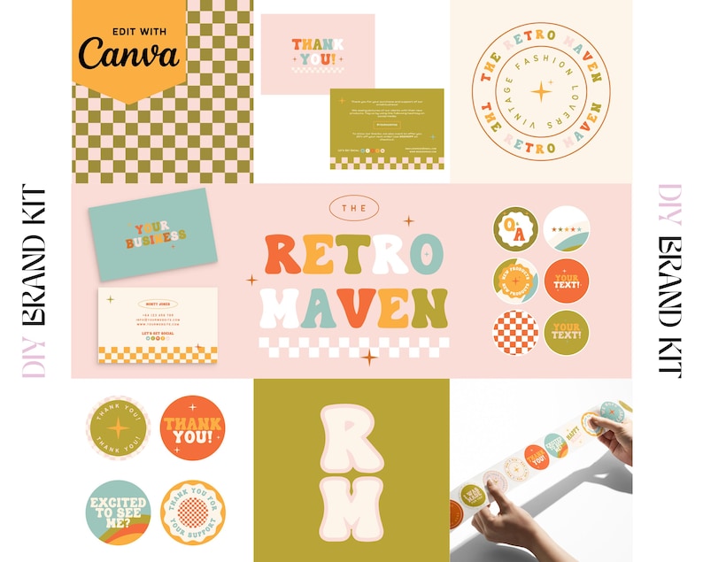 Puede incluir: Un kit de marca DIY con tem&aacute;tica retro. Incluye tarjetas de visita, tarjetas de agradecimiento, pegatinas y dise&ntilde;os de logotipos. La paleta de colores presenta naranja, turquesa y rosa. El texto "The Retro Maven" es prominente.